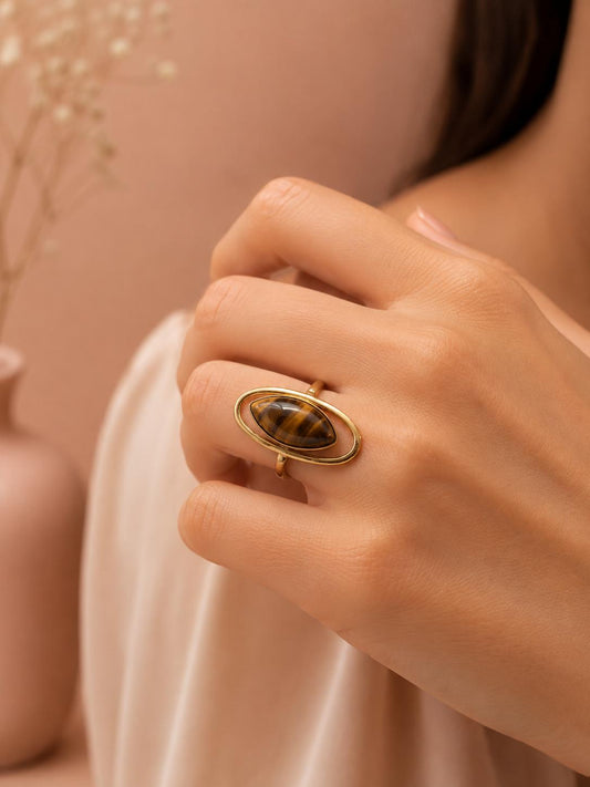 Bague double anneau ovale pierre naturelle œil de tigre doré