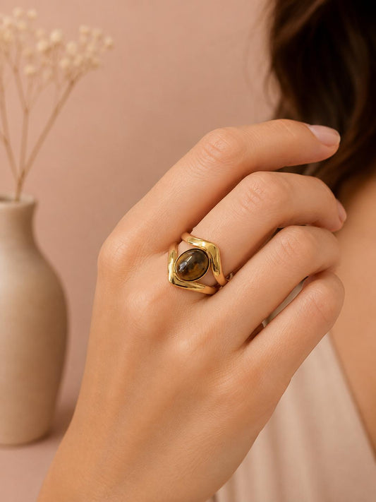 Bague losange pierre naturelle ovale doré