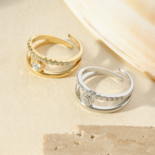 Bague ouverte strass central et double anneau