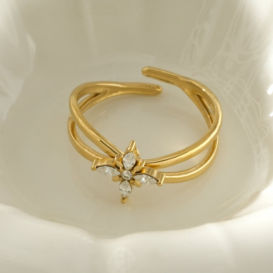 Bague ajustable 2 anneaux à fleur pavée de strass
