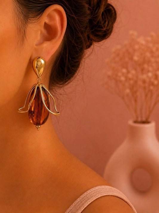 Boucles d'oreilles pendantes fleur ouverte perle de verre ambrée