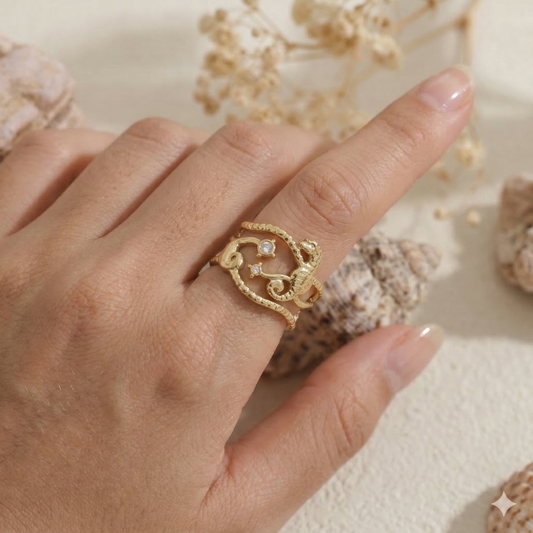Bague ajustable hippocampe et étoiles marines