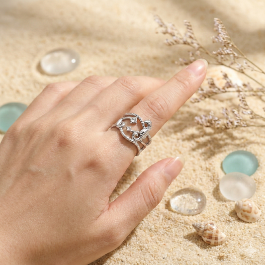 Bague ajustable hippocampe et étoiles marines