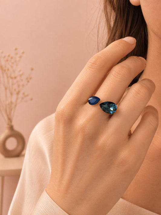 Bague ajustable double pierre facettée ouverture devant