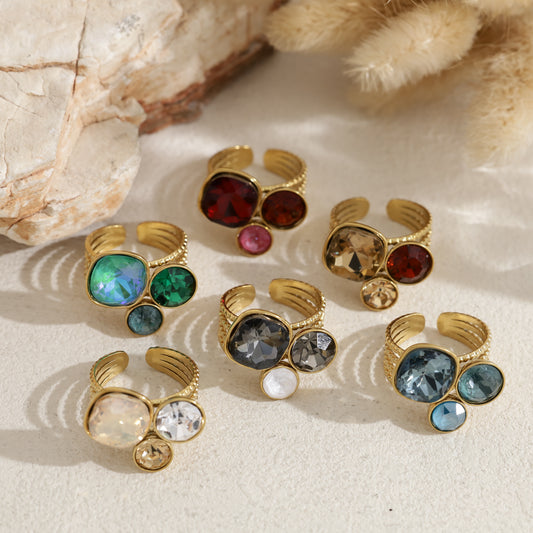 Bague ouverte trois cristaux colorés
