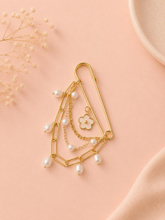 Broche épingle multi-chaînes perles et fleur