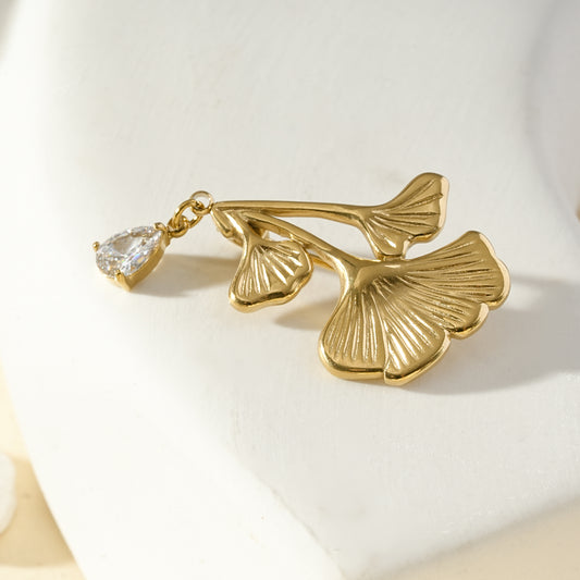 Broche dorée feuille Ginkgo pendentif strass