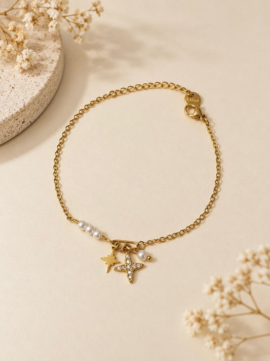 Bracelet doré chaîne perles avec pendentis étoiles