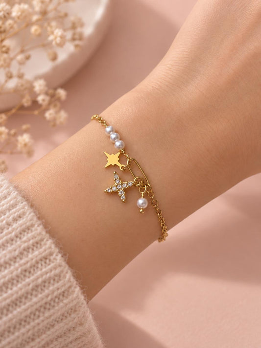 Bracelet doré chaîne perles avec pendentis étoiles