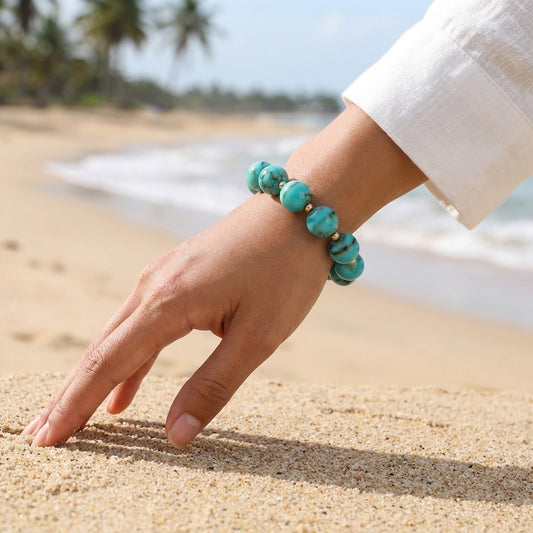 Bracelet élastique à perles rondes marbrées blanches et beiges