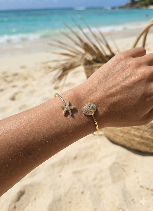Bracelet ouvert étoile de mer et coquillage strass