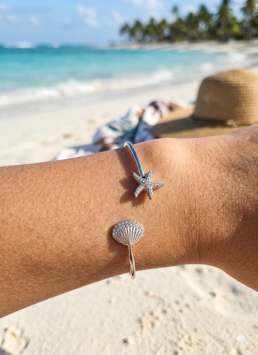 Bracelet ouvert étoile de mer et coquillage strass