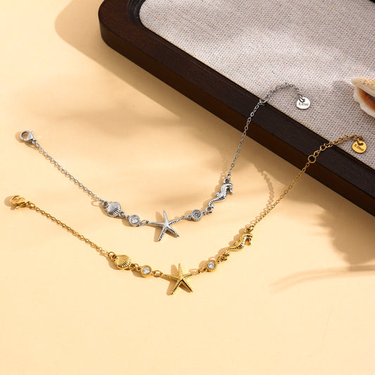 Bracelet étoile de mer, coquillage et hippocampe avec strass