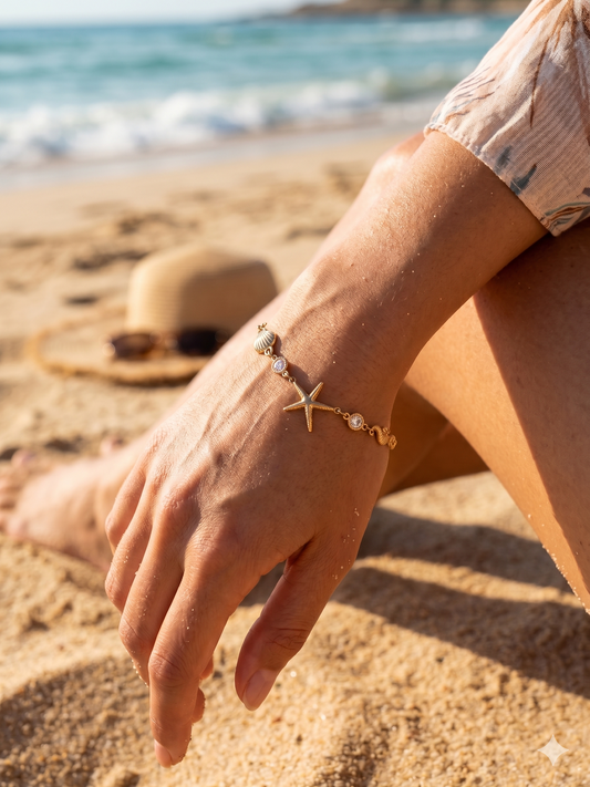 Bracelet étoile de mer, coquillage et hippocampe avec strass