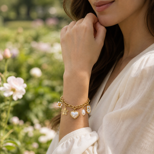 Bracelet doré à charms cœur perlé et fleurs