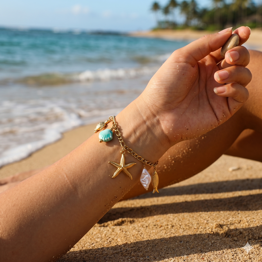 Bracelet doré à charms marins détail coquillage bleu et perle