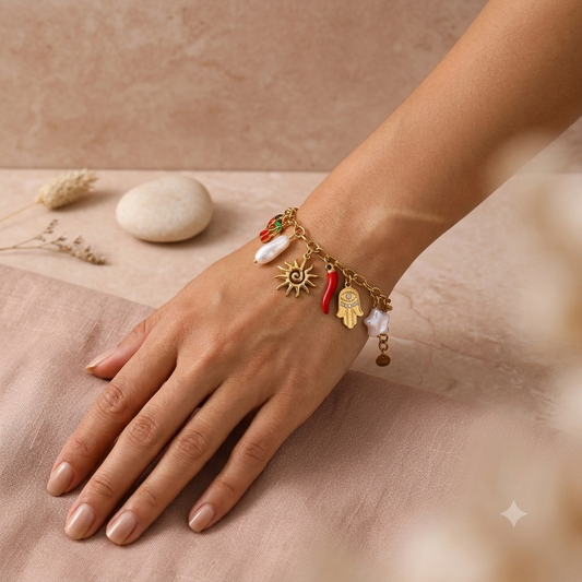 Bracelet doré à charms soleil, piment rouge et cerise