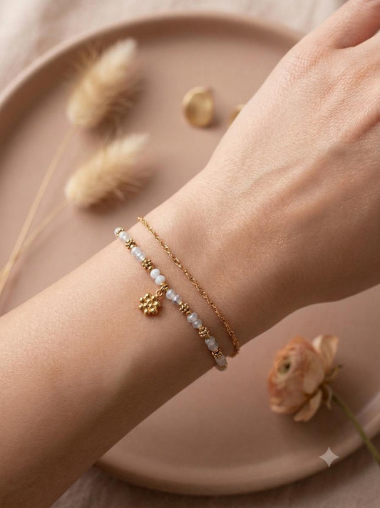 Bracelet doré double chaîne fleurs