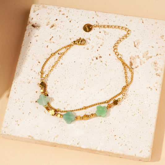 Bracelet double chaîne trèfles pierre naturelle