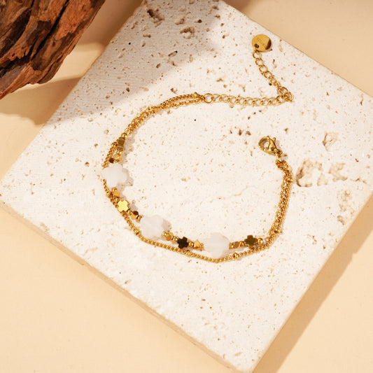 Bracelet double chaîne trèfles pierre naturelle