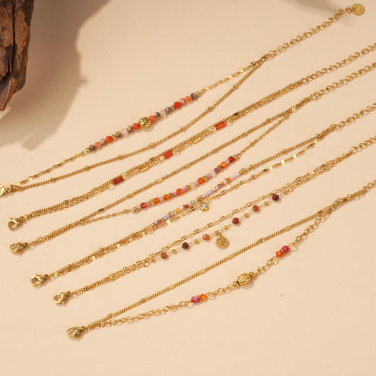 Lot de 6 bracelets dorées double chaîne pierres oranges