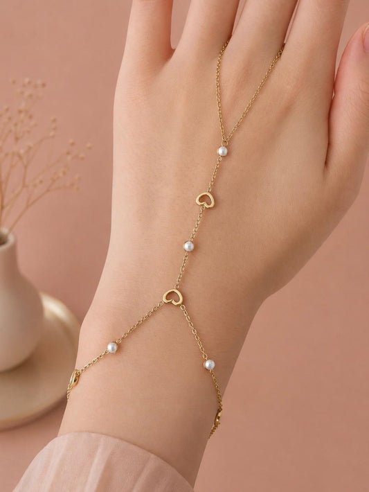 Bracelet-bague chaîne cœurs et perles
