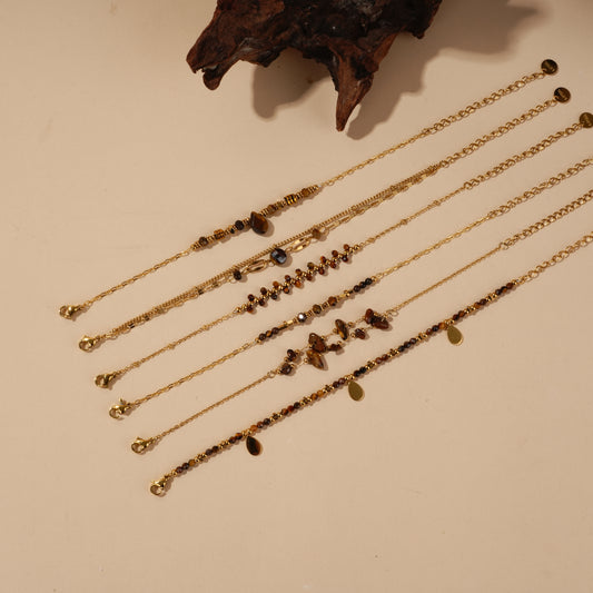 Lot de bracelets dorés pierres naturelles marrons œil de tigre