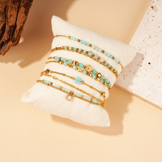 Lot de 6 bracelets dorés à pierres amazonites