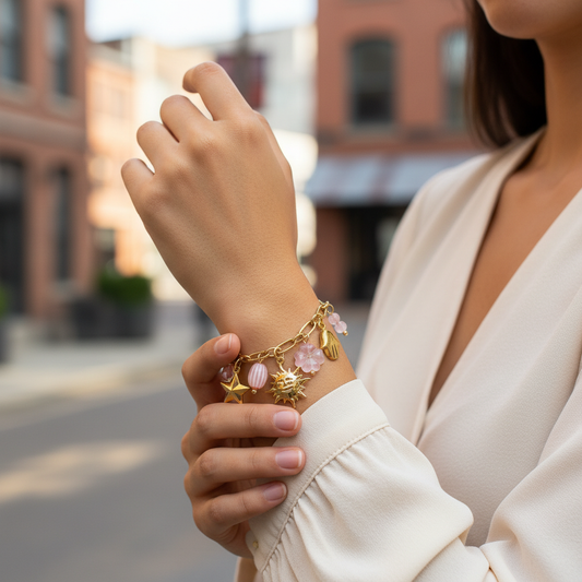 Bracelet doré à maillons ovales orné de charms célestes et trèfle à quatre feuilles roses