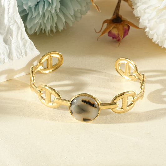 Bracelet jonc maillon marine résine léopard