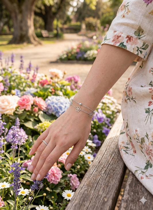 Bracelet double chaîne avec trois mini fleurs
