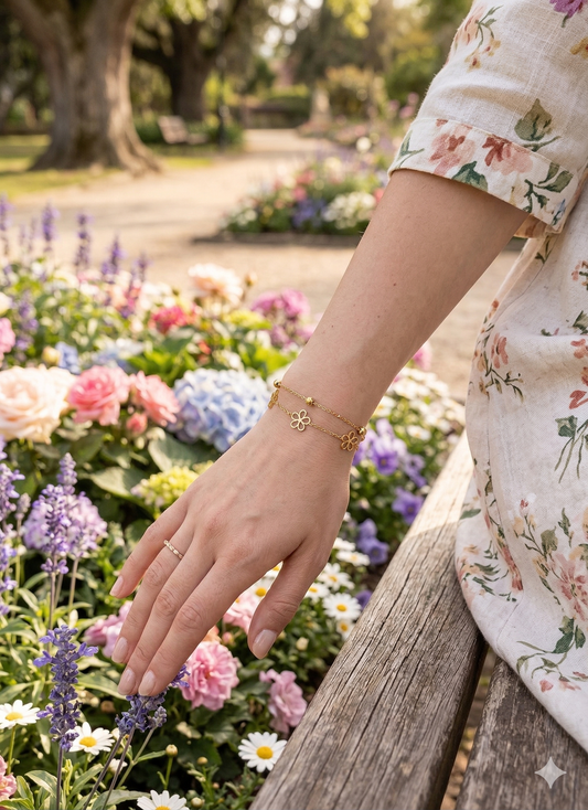 Bracelet double chaîne avec trois mini fleurs