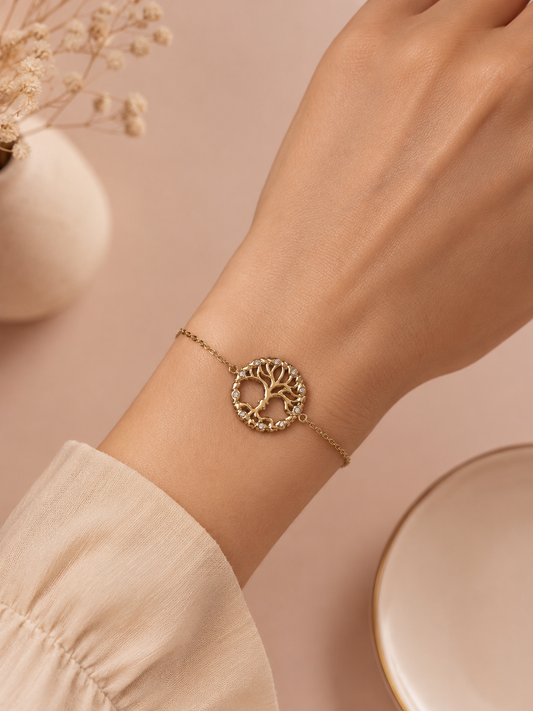 Bracelet fin médaillon arbre de vie serti de strass