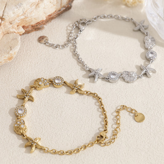 Bracelet doré étoile de mer, coquillage et strass rond