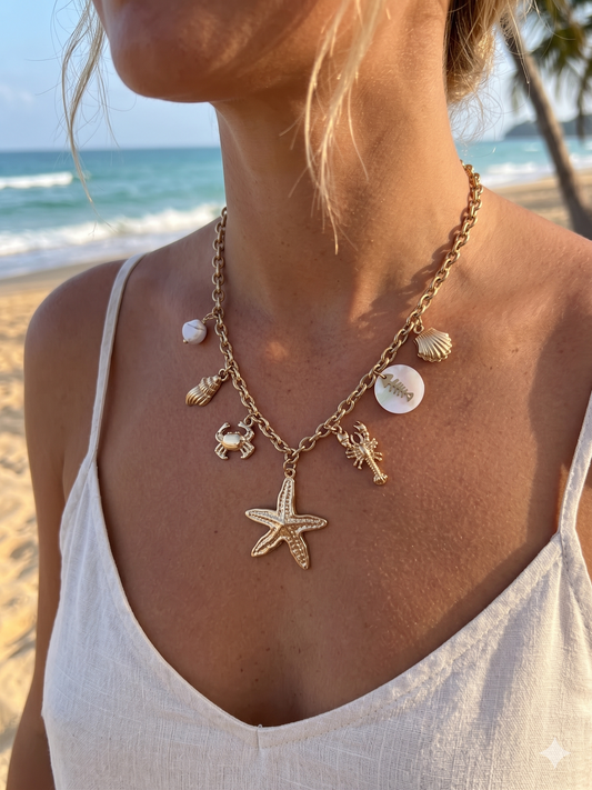 Collier doré charms étoile de mer, crabe et homard