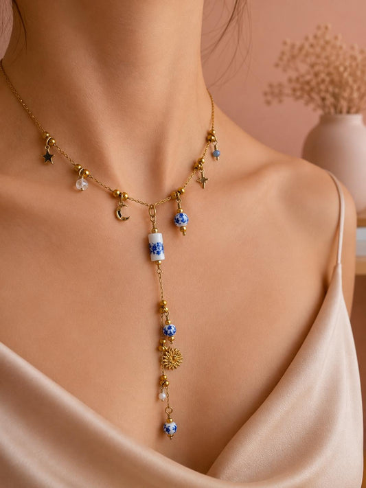 Collier sautoir céleste doré long
