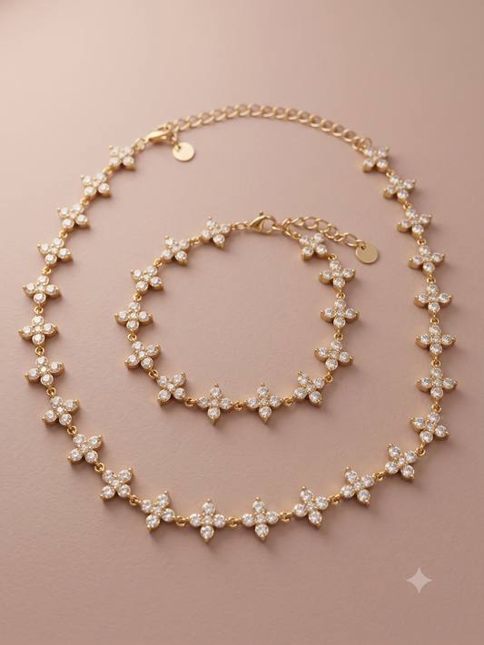 Ensemble parure fleurs multicolores serties de strass
