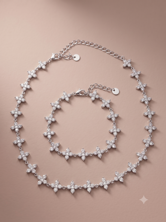 Ensemble parure fleurs multicolores serties de strass