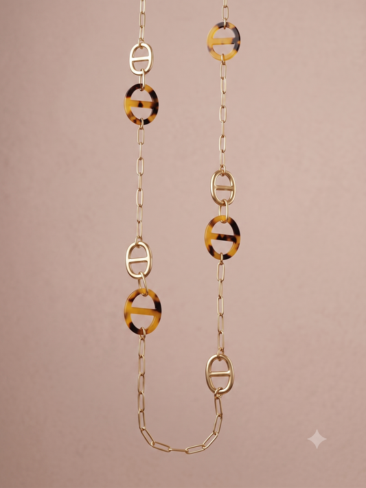 Collier sautoir maille marine et résine léopard
