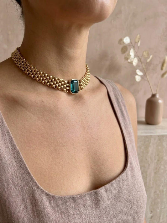 Collier cocker chaîne tressée cristal rectangulaire