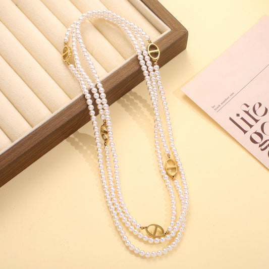 Sautoir double ou triple rang perles maillon marine