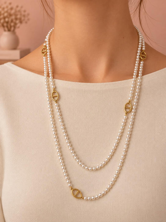 Sautoir double ou triple rang perles maillon marine