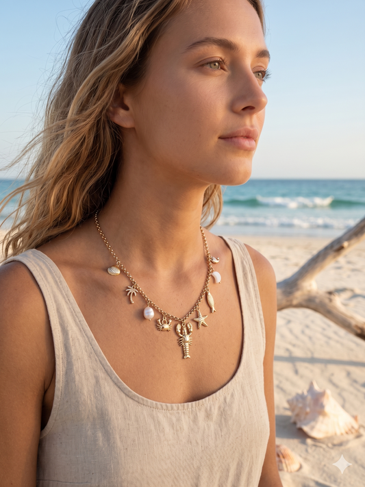 Collier doré charms homard, étoile et crabe avec perles