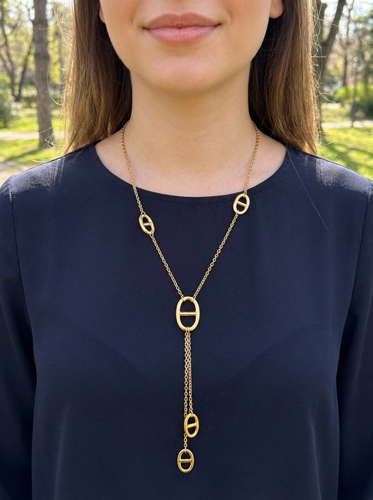 Collier sautoir en Y à maillons et pendants ovales.
