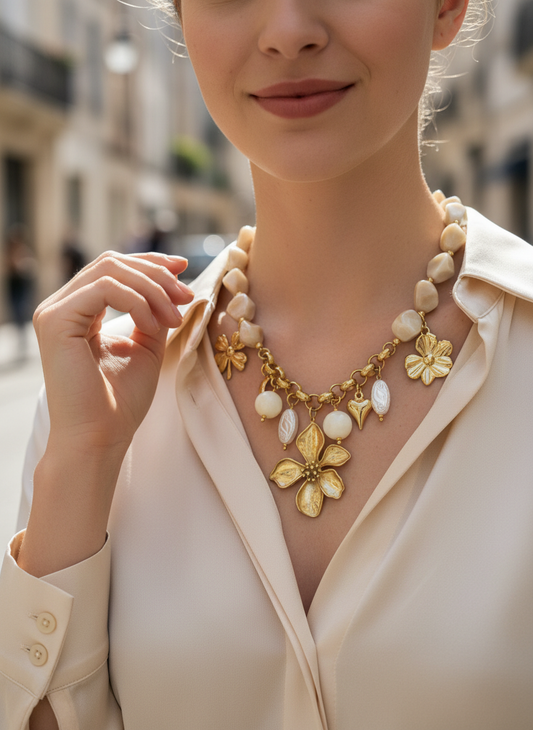 Collier à pierres résine et charms floraux