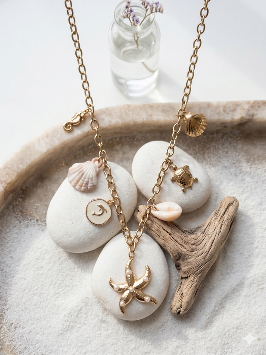 Collier doré charms marins étoile, coquillage et tortue