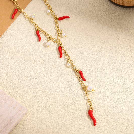 Collier en Y pendant piments et perles