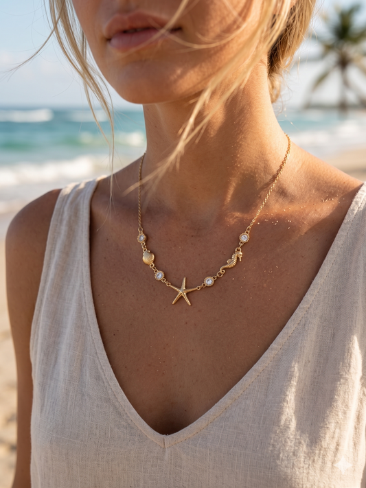 Collier étoile de mer, coquillage et hippocampe avec strass