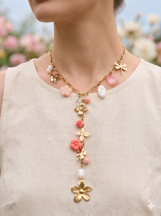 Collier doré en Y à charms fleurs, pierres et perles