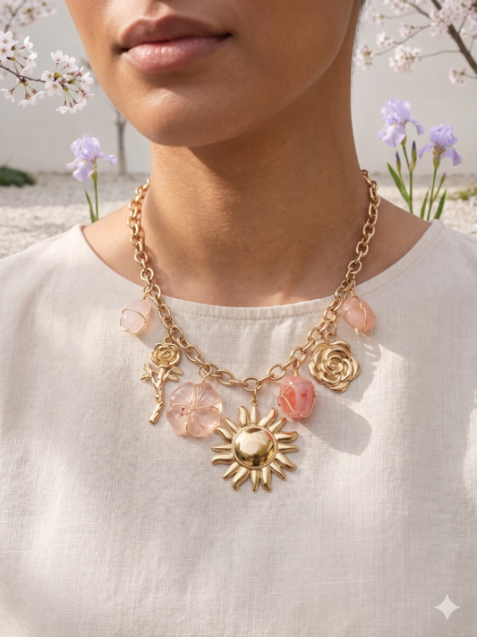 Collier doré soleil rayonnant, fleurs et pierres facettées